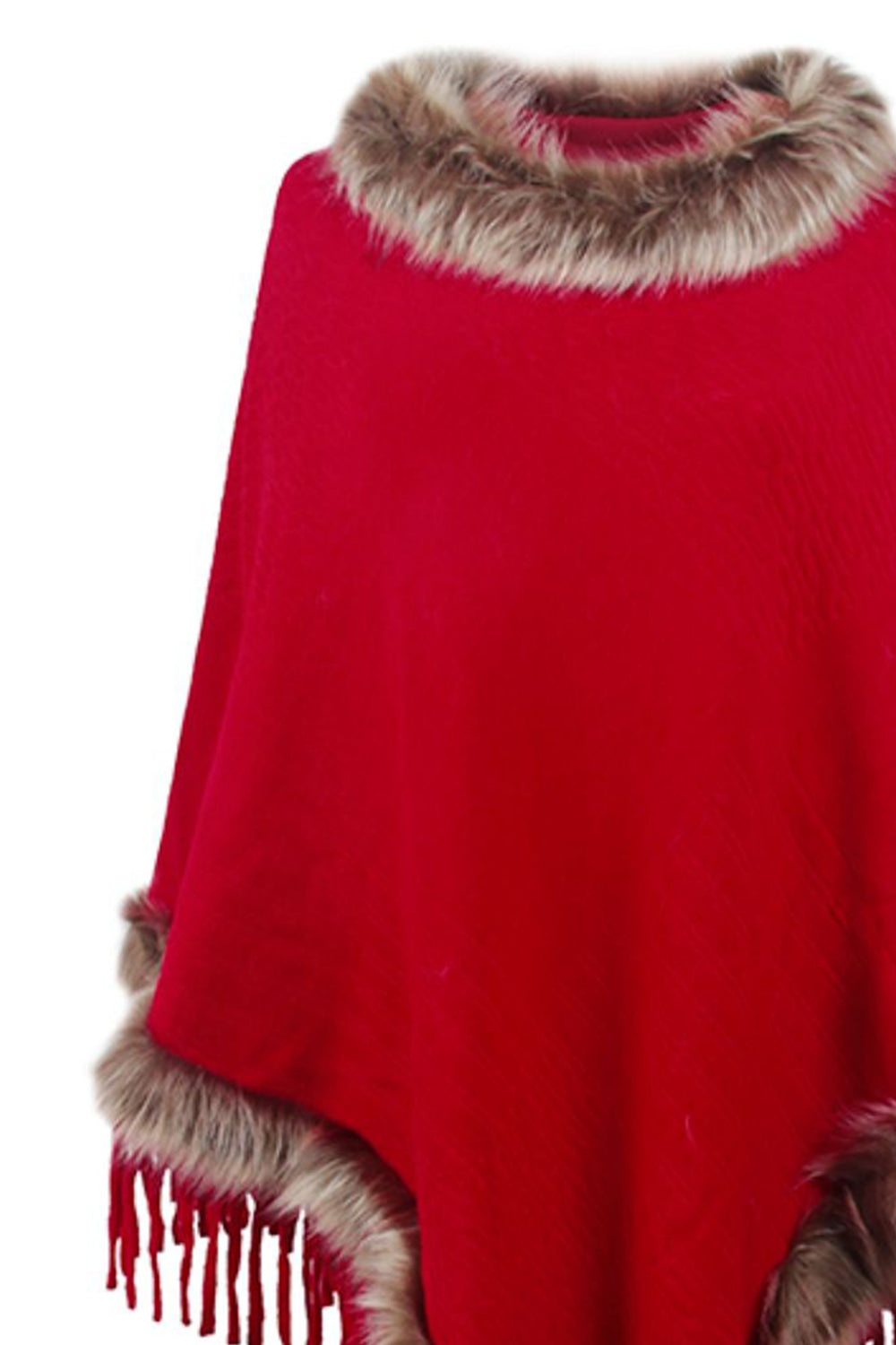Faux Fur Trim Fringed Poncho - Tantalize Boutique