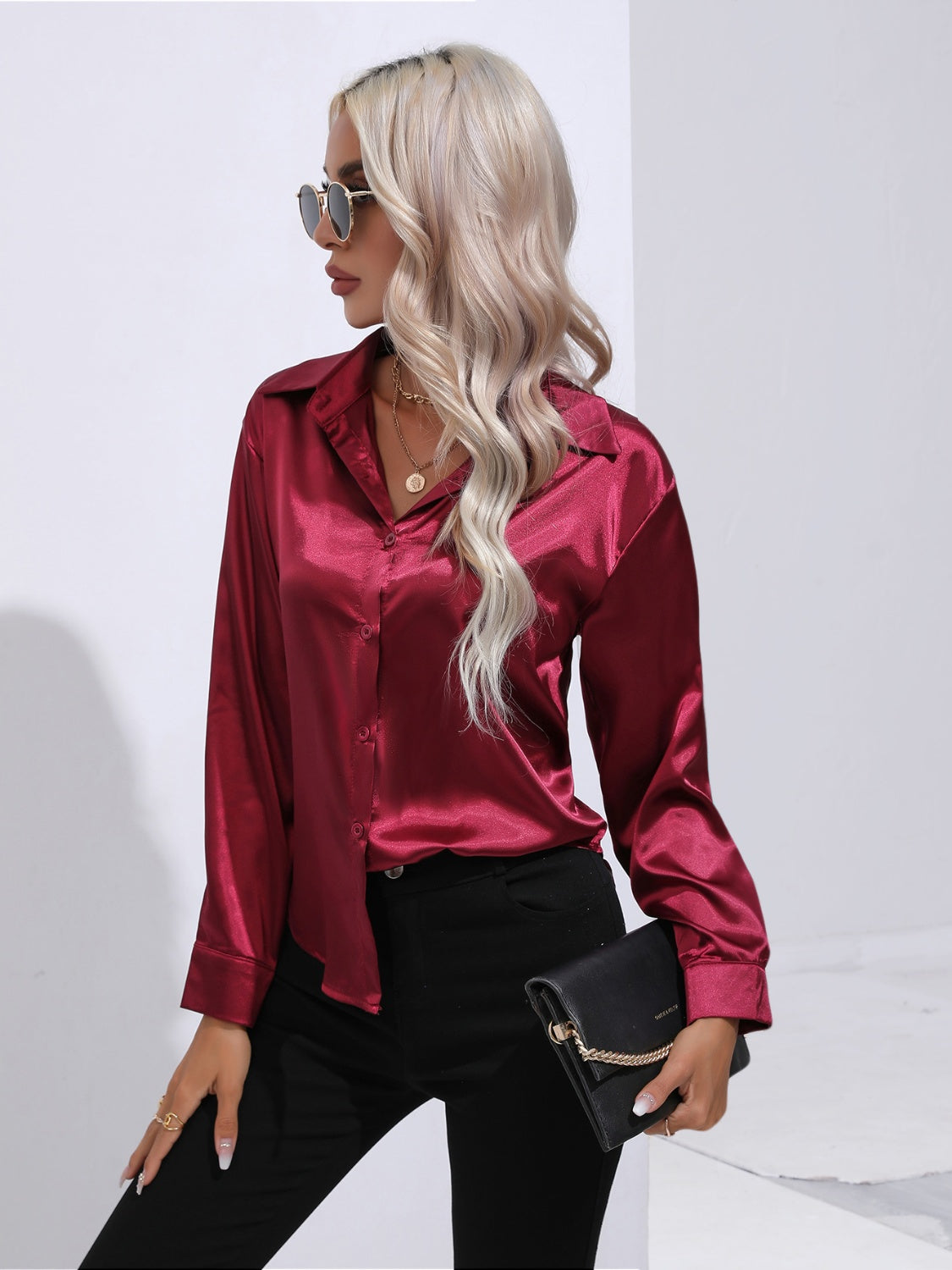 Collared Neck Buttoned Long Sleeve Shirt - Tantalize Boutique