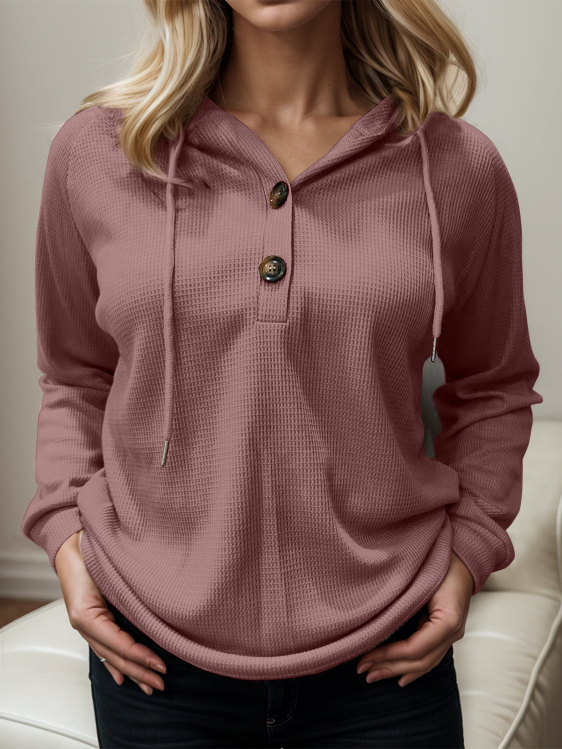 Waffle-Knit Drawstring Quarter Button Hoodie - Tantalize Boutique