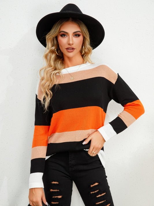 Striped Round Neck Dropped Shoulder Sweater - Tantalize Boutique