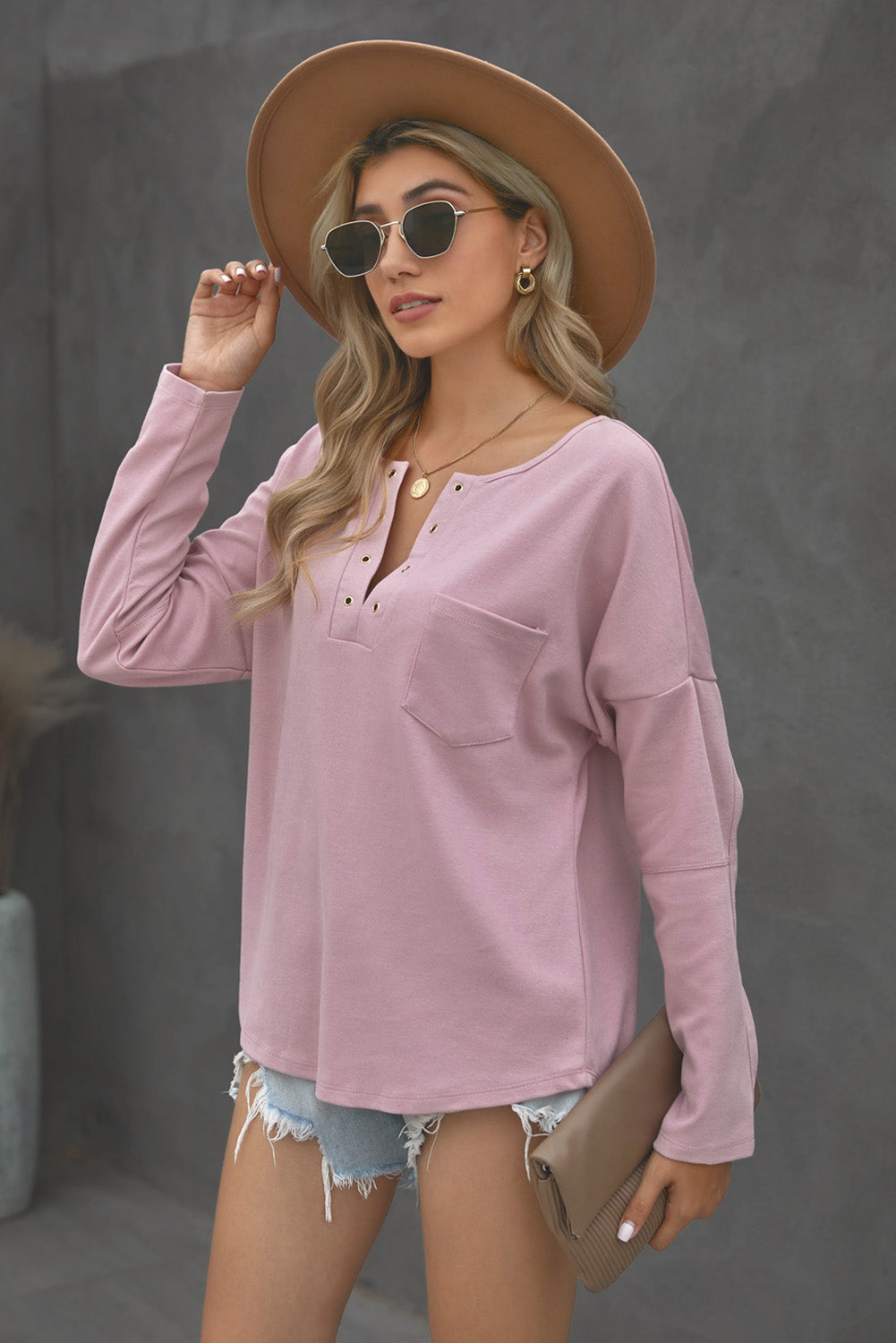 Grommet Long Sleeve V-Neck Top - Tantalize Boutique