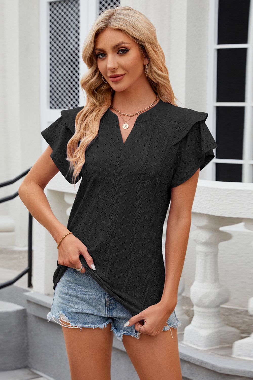Eyelet Notched Short Sleeve T-Shirt - Tantalize Boutique