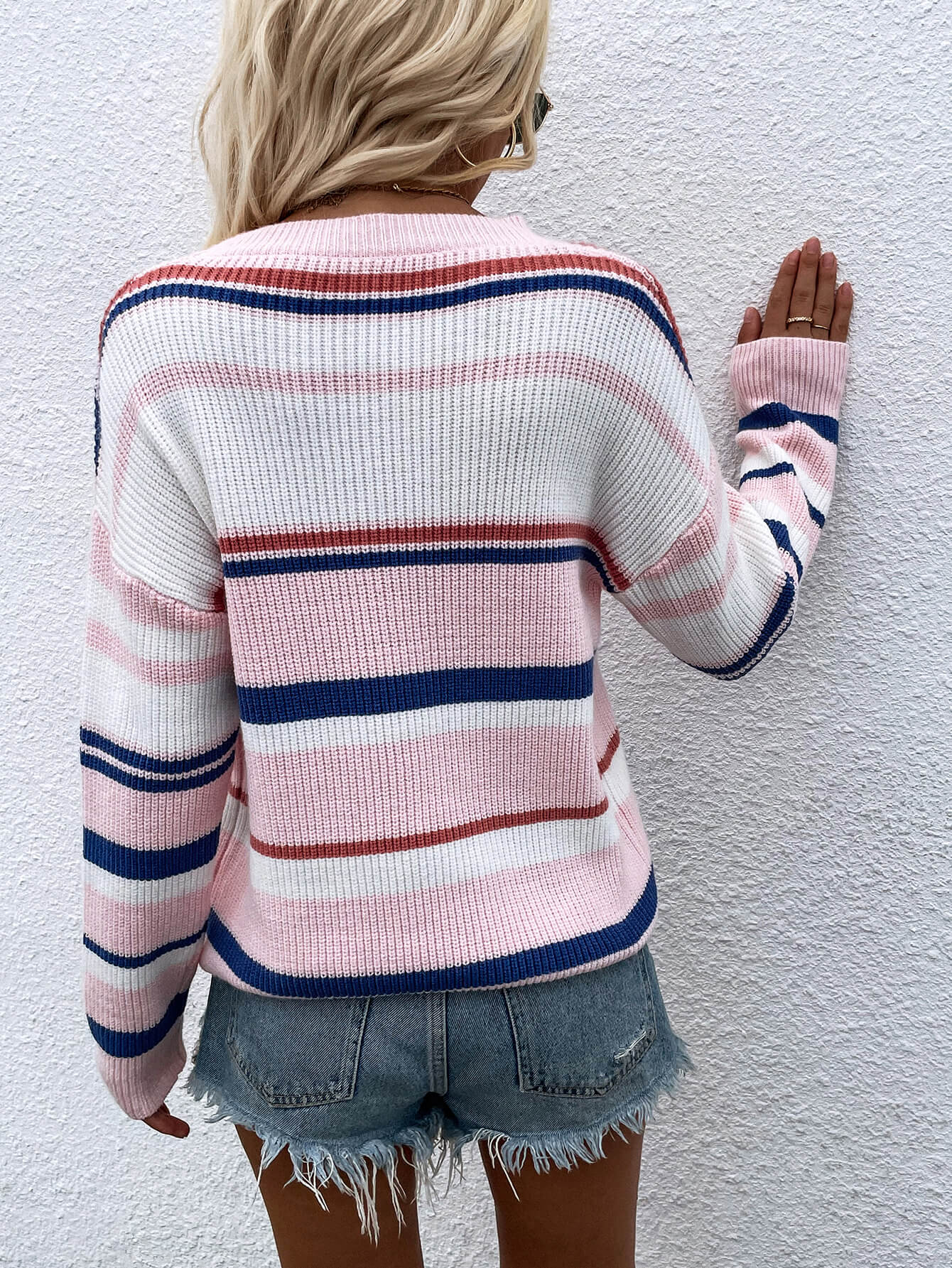 Striped Drop Shoulder Round Neck Pullover Sweater - Tantalize Boutique