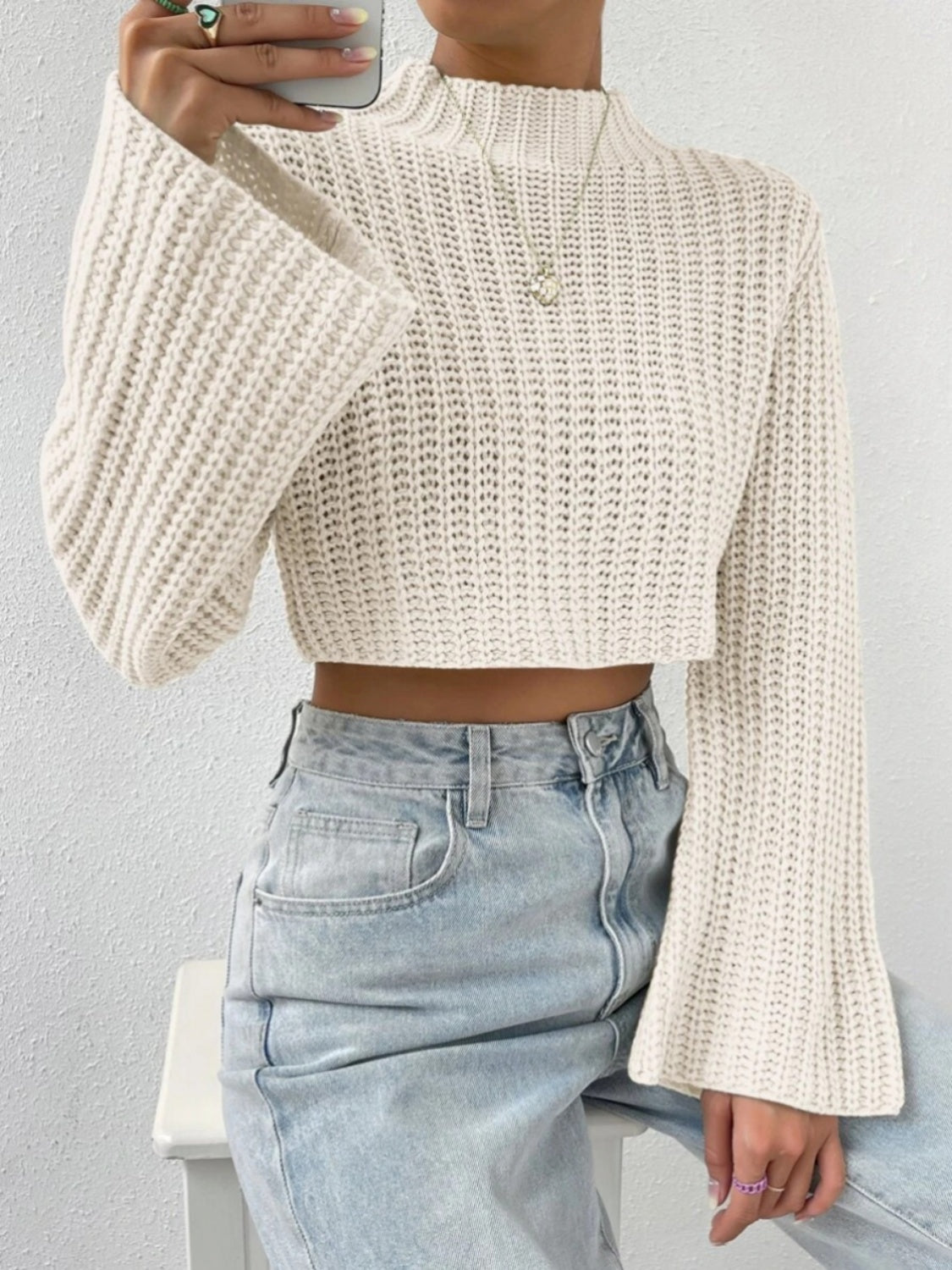 Mock Neck Long Sleeve Cropped Sweater - Tantalize Boutique