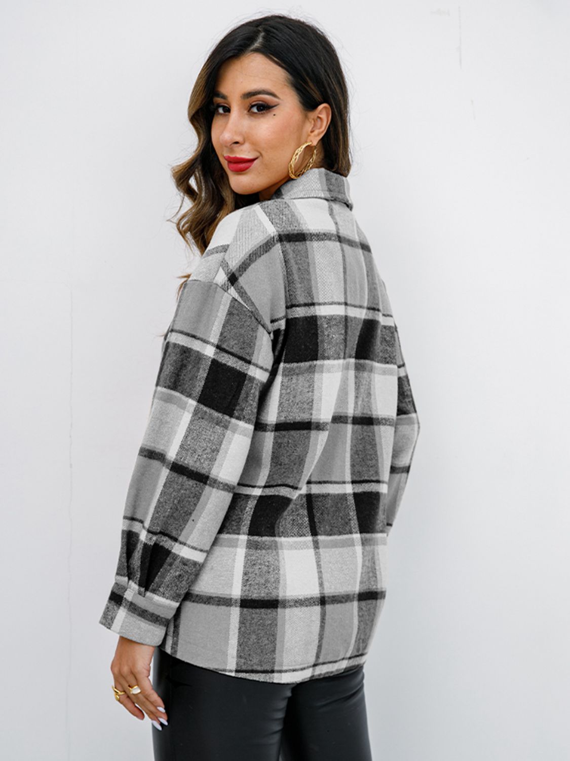 Plaid Button Up Collared Neck Jacket - Tantalize Boutique