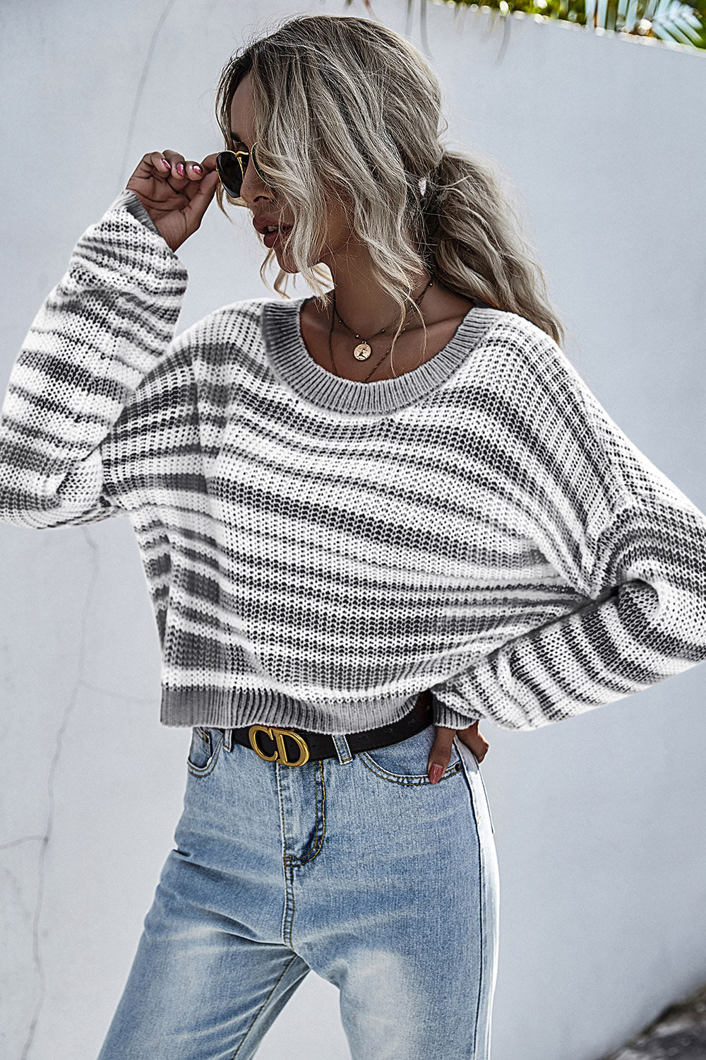 Striped Round Neck Dropped Shoulder Sweater - Tantalize Boutique