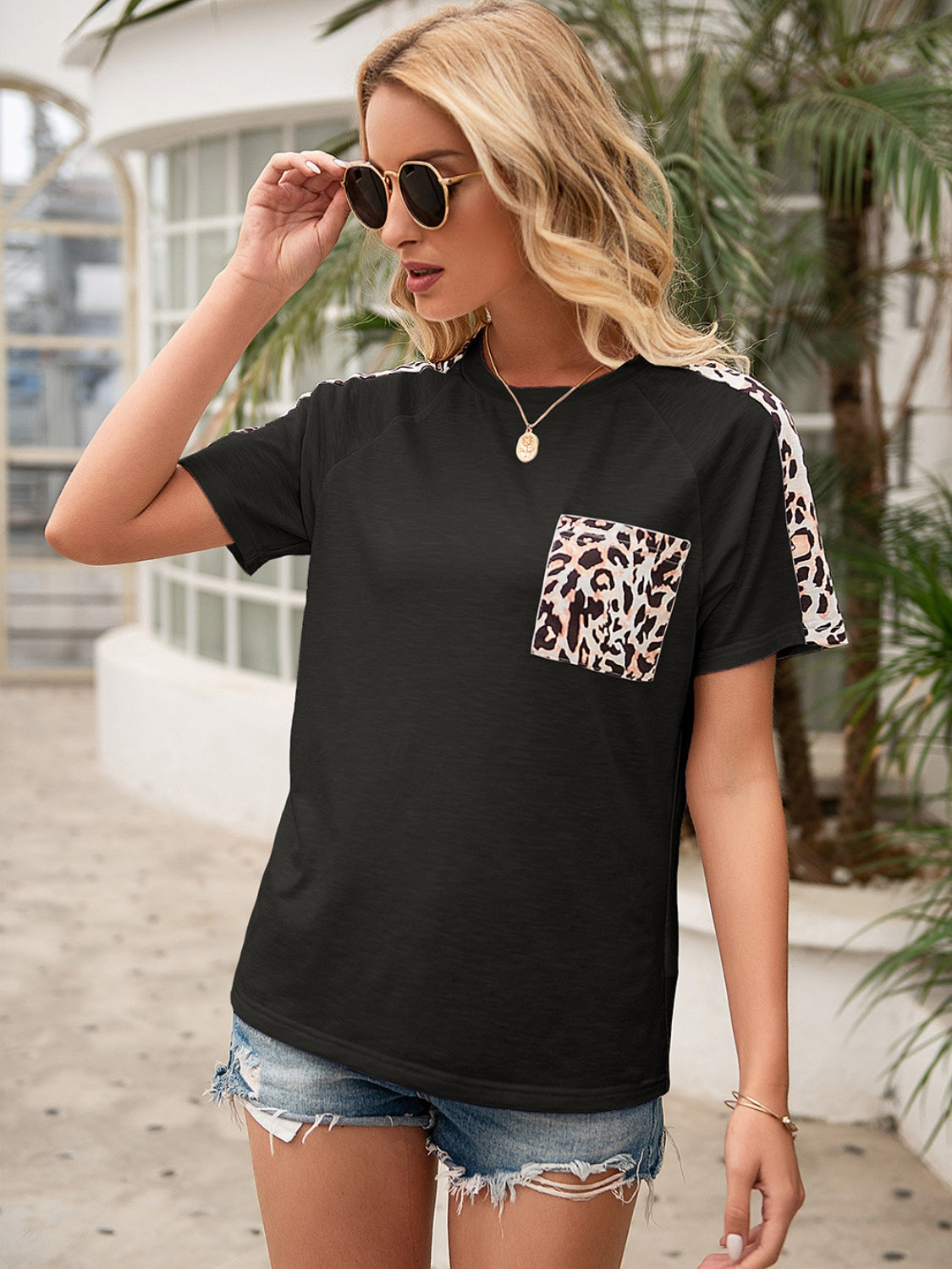 Pocketed Leopard Round Neck Short Sleeve T-Shirt - Tantalize Boutique