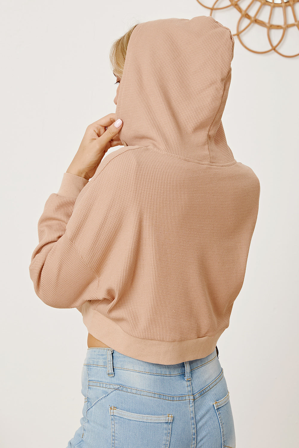 Waffle-Knit Drawstring Zip Up Hoodie - Tantalize Boutique