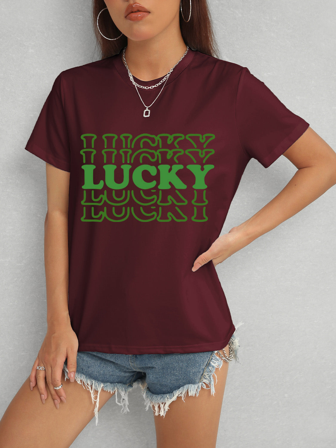 LUCKY Round Neck Short Sleeve T-Shirt - Tantalize Boutique