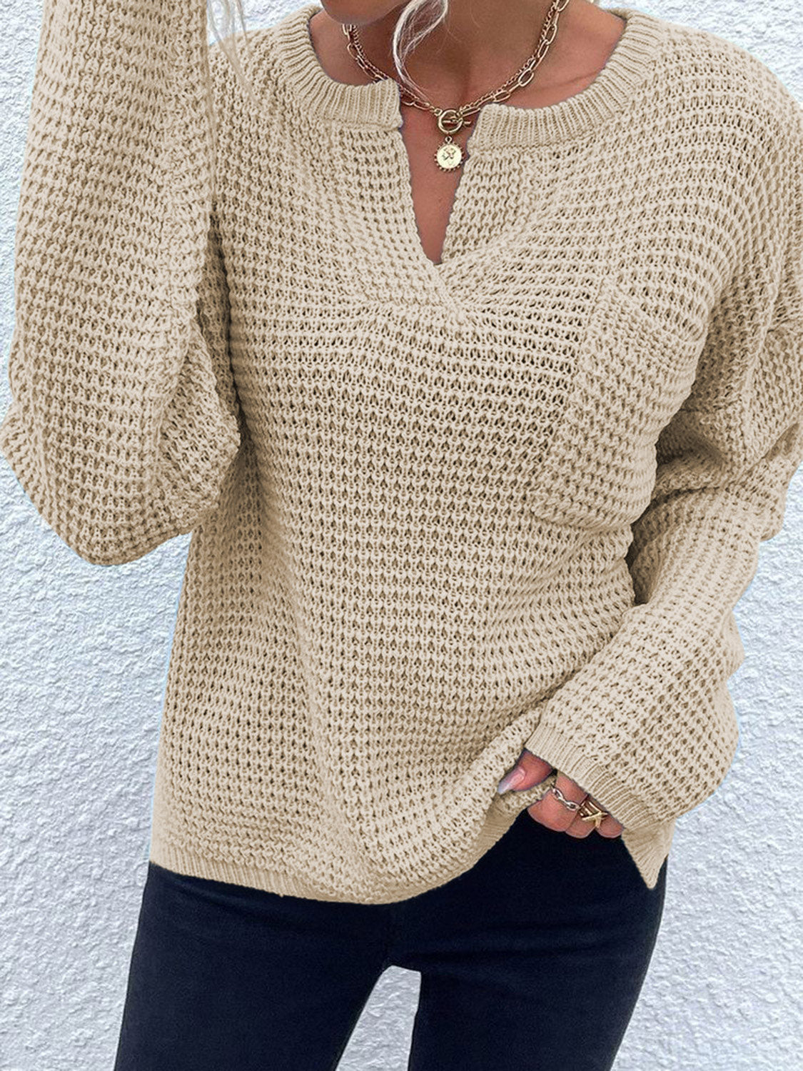 Notched Long Sleeve Sweater - Tantalize Boutique