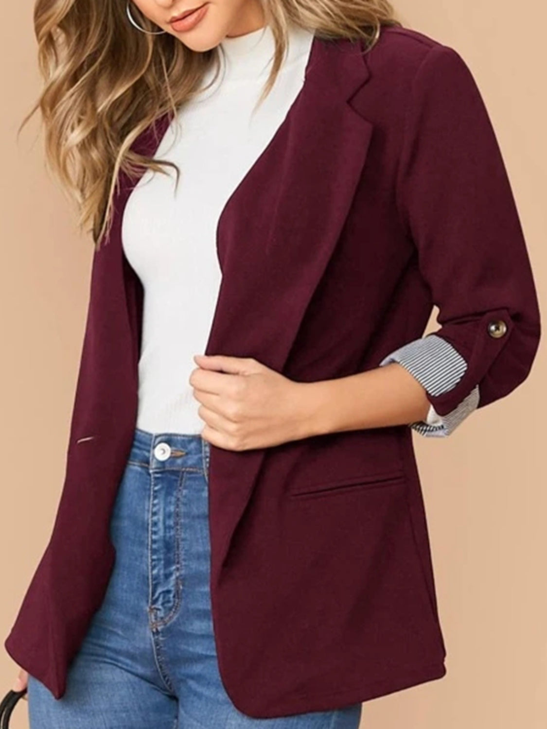 Lapel Collar Roll-Tab Sleeve Blazer - Tantalize Boutique