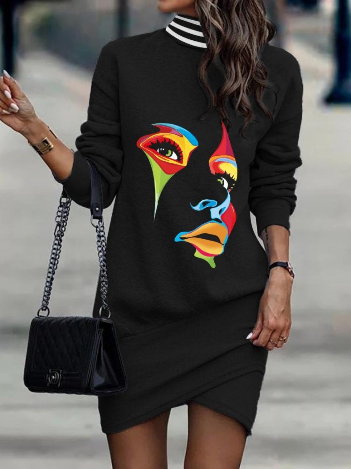 Printed Turtleneck Long Sleeve Mini Dress - Tantalize Boutique