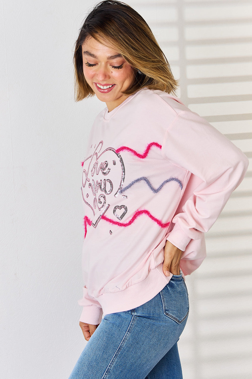 LOVE YOU Heart Sequin Round Neck Sweatshirt - Tantalize Boutique