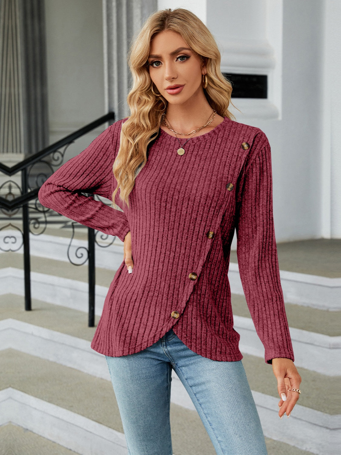 Round Neck Long Sleeve Blouse - Tantalize Boutique