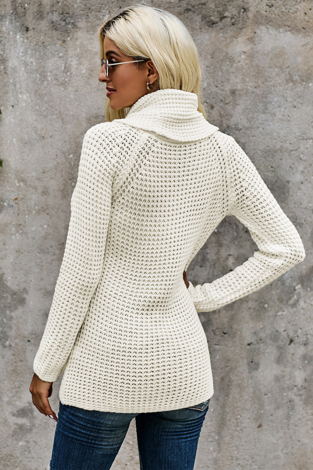 Decorative Button Mock Neck Sweater - Tantalize Boutique