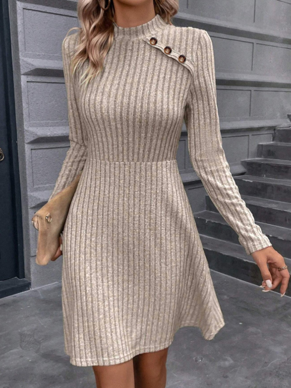 Decorative Button Mock Neck Long Sleeve Sweater Dress - Tantalize Boutique