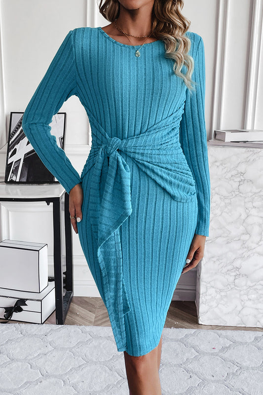 Ribbed Tied Long Sleeve Wrap Dress - Tantalize Boutique