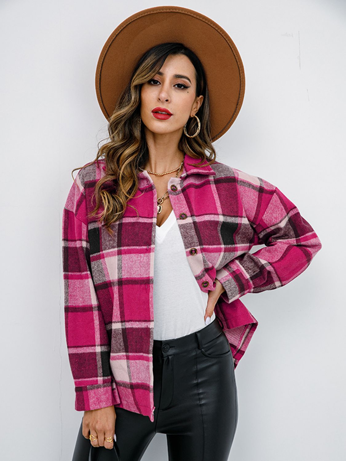 Plaid Button Up Collared Neck Jacket - Tantalize Boutique