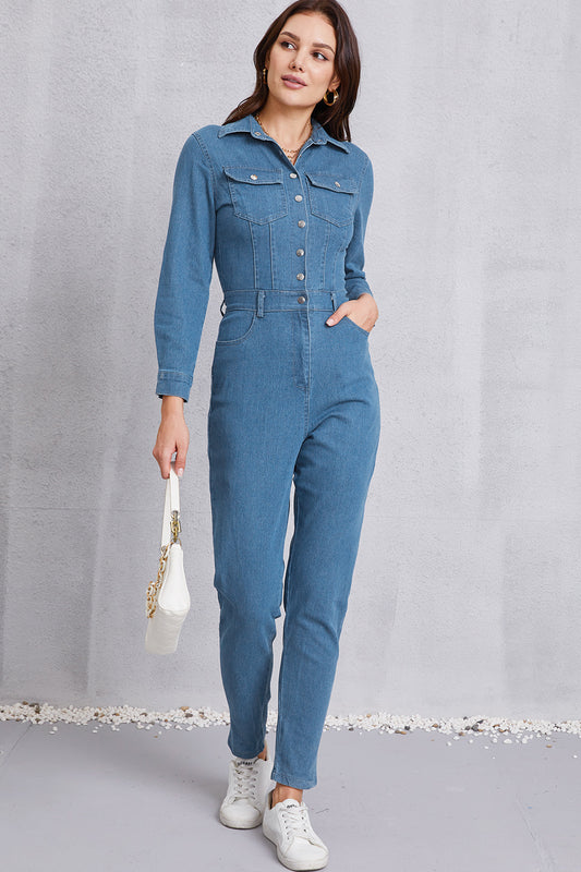 Snap Down Denim Jumpsuit with Pockets - Tantalize Boutique