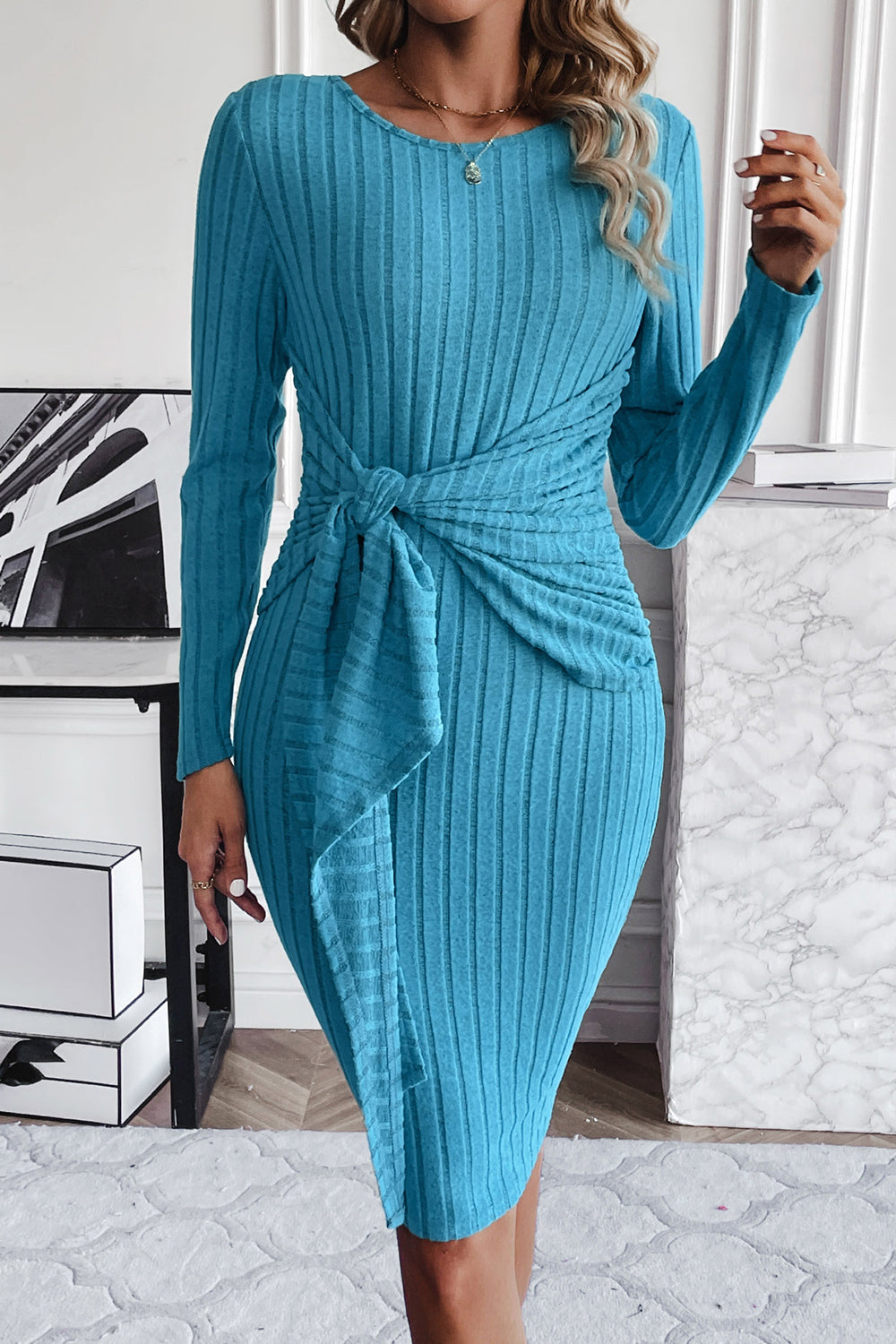 Ribbed Tied Long Sleeve Wrap Dress - Tantalize Boutique
