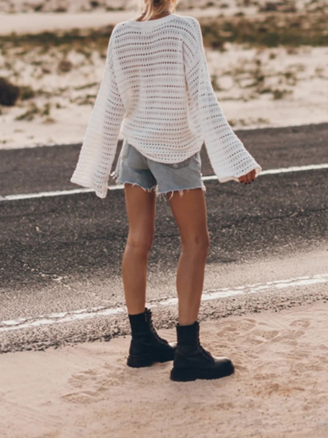 Openwork Round Neck Dropped Shoulder Knit Top - Tantalize Boutique