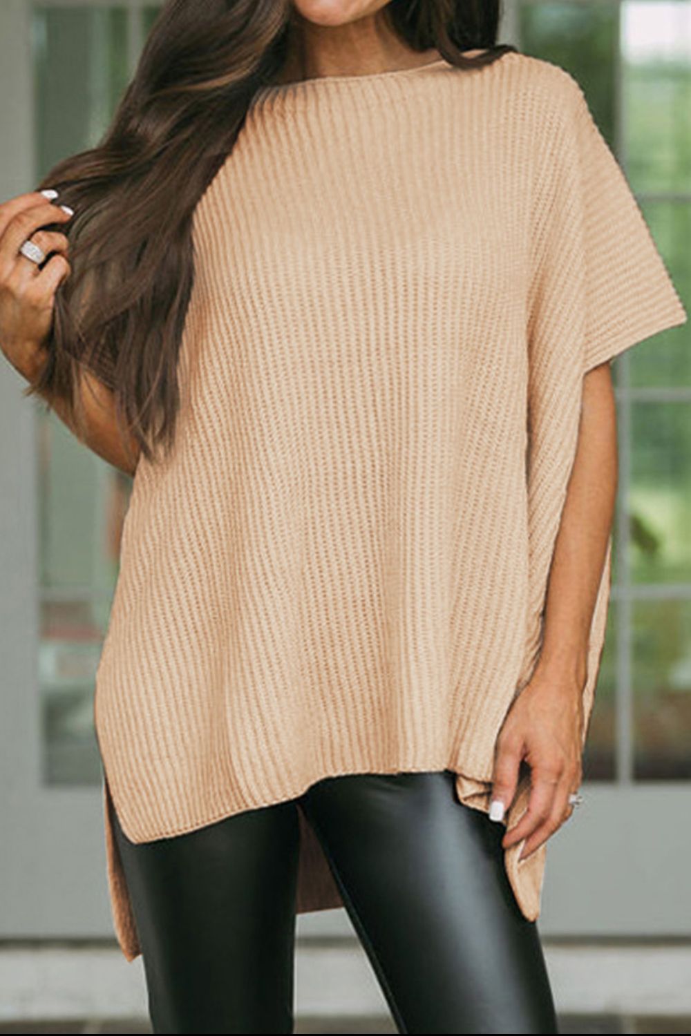 Waffle-Knit Slit Short Sleeve Sweater - Tantalize Boutique