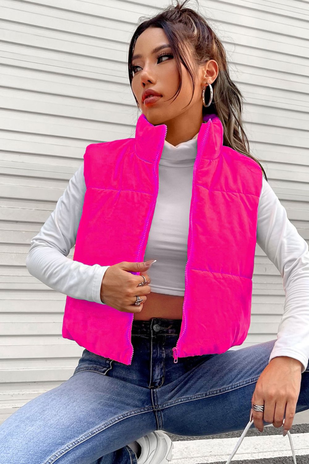 Zip Up Turtleneck Vest Coat - Tantalize Boutique