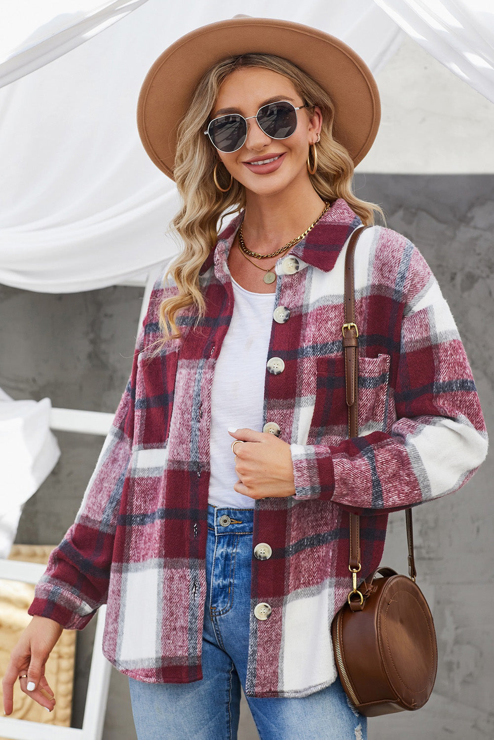 Plaid Button Up Dropped Shoulder Jacket - Tantalize Boutique