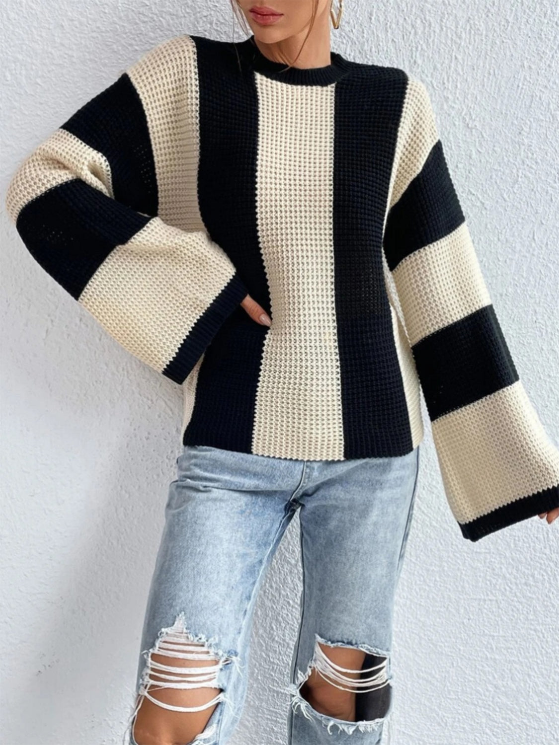 Striped Mock Neck Long Sleeve Sweater - Tantalize Boutique