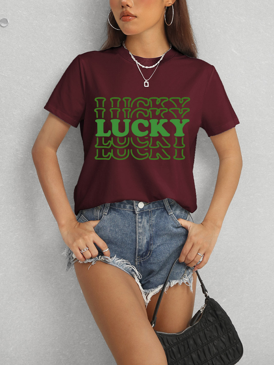 LUCKY Round Neck Short Sleeve T-Shirt - Tantalize Boutique