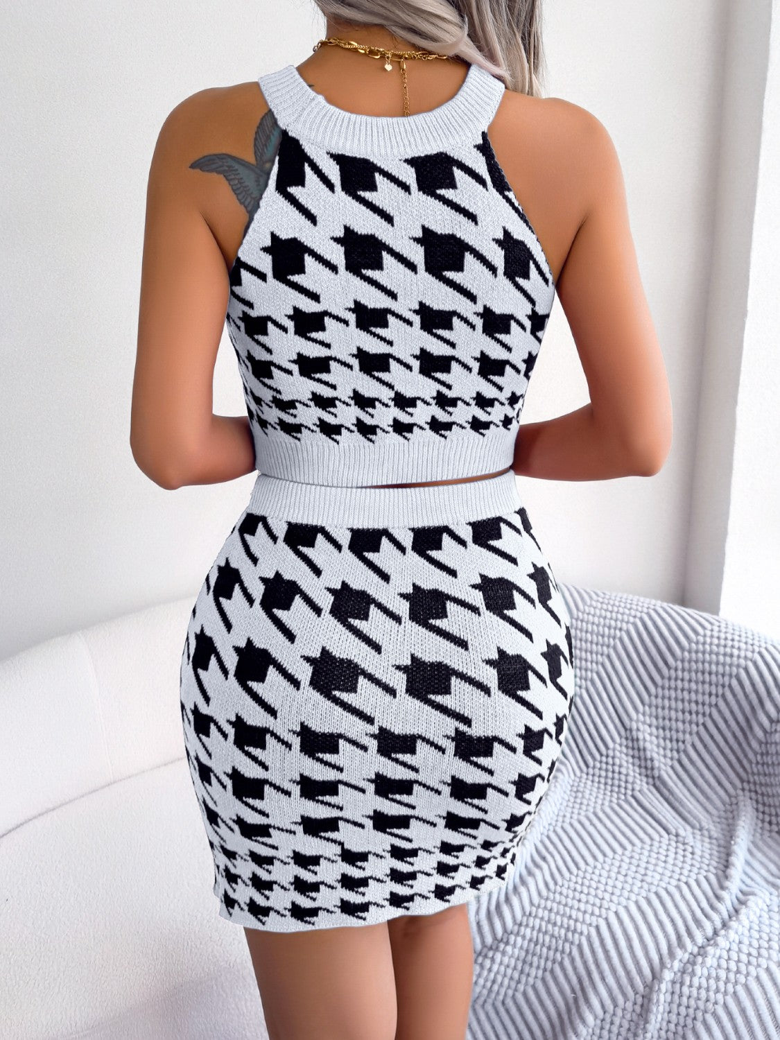 Houndstooth Sleeveless Top and Skirt Sweater Set - Tantalize Boutique