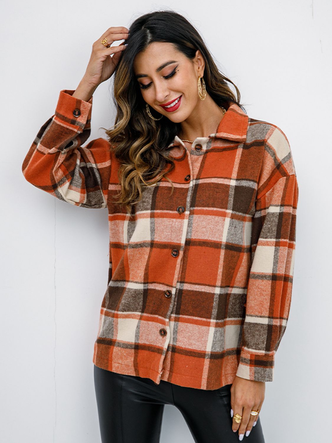 Plaid Button Up Collared Neck Jacket - Tantalize Boutique
