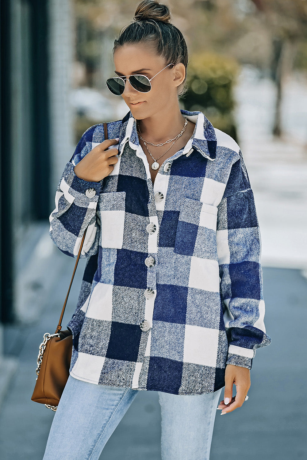 Plaid Button Up Dropped Shoulder Jacket - Tantalize Boutique