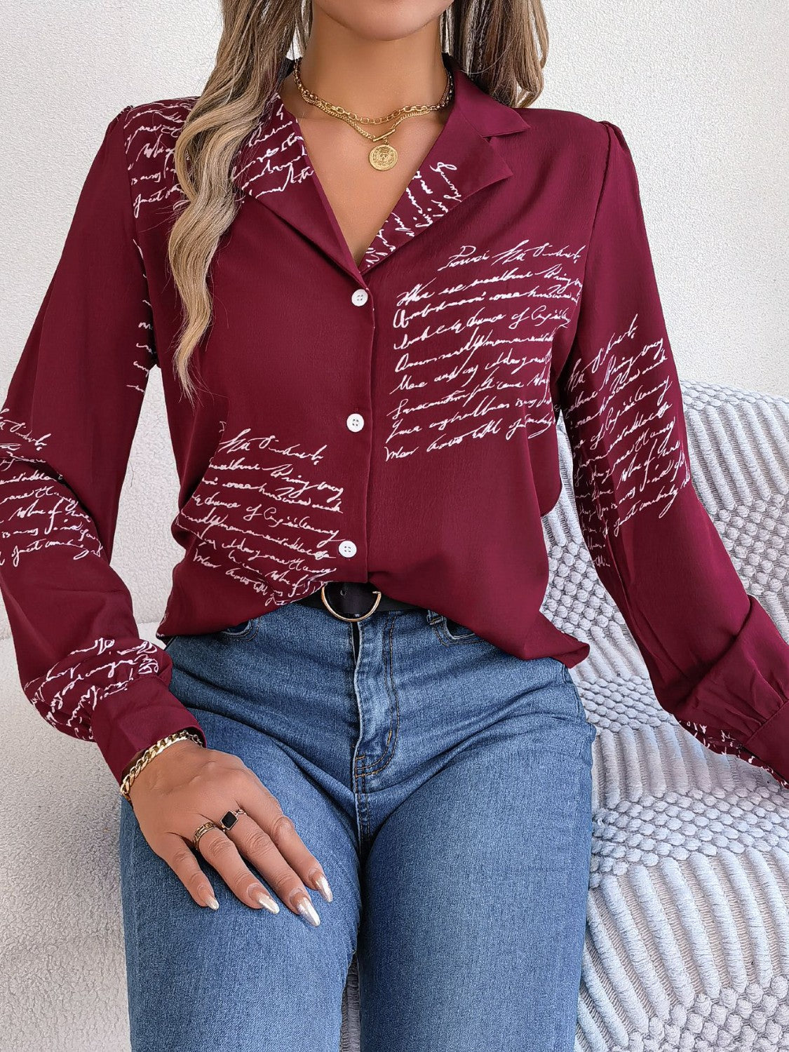 Letter Printed Button Up Long Sleeve Blouse - Tantalize Boutique