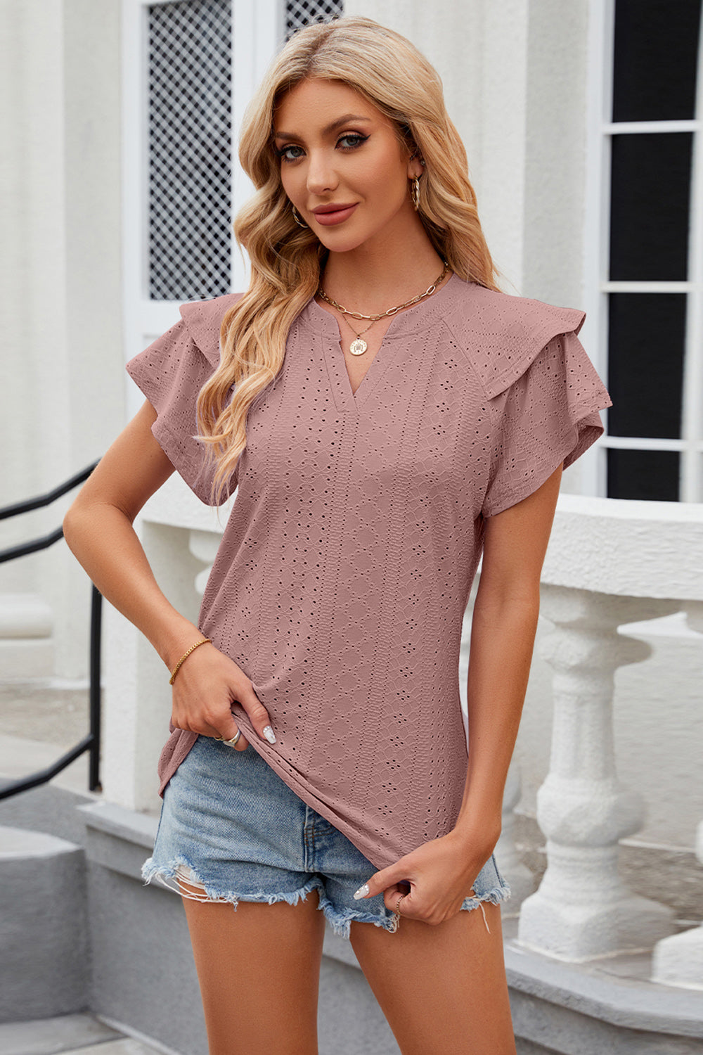 Eyelet Notched Short Sleeve T-Shirt - Tantalize Boutique