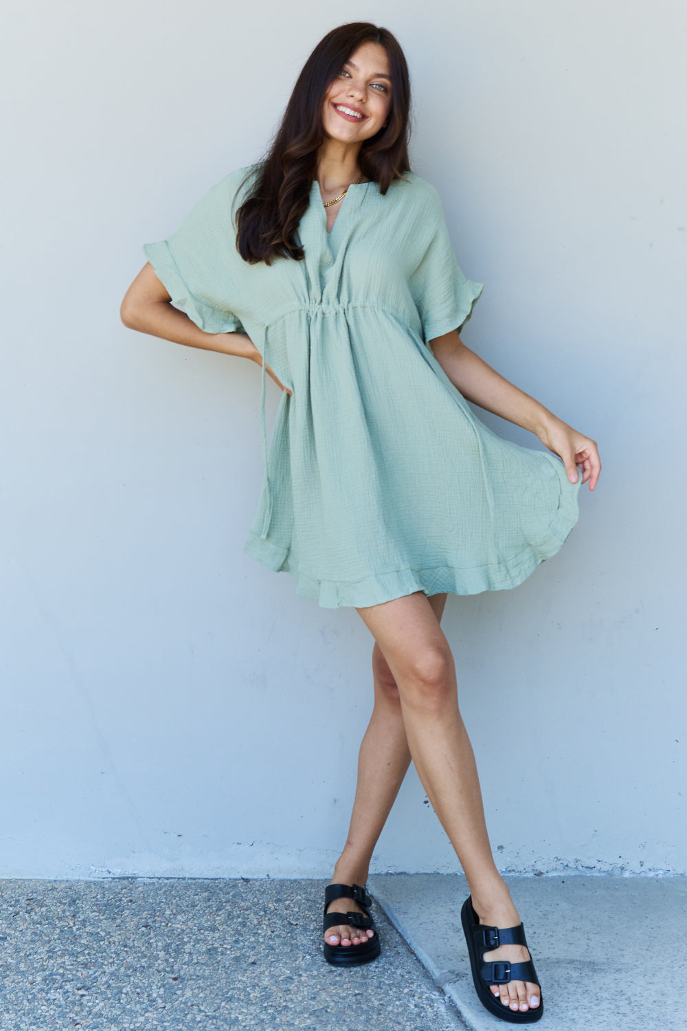 Ninexis Out Of Time Full Size Ruffle Hem Dress with Drawstring Waistband in Light Sage - Tantalize Boutique
