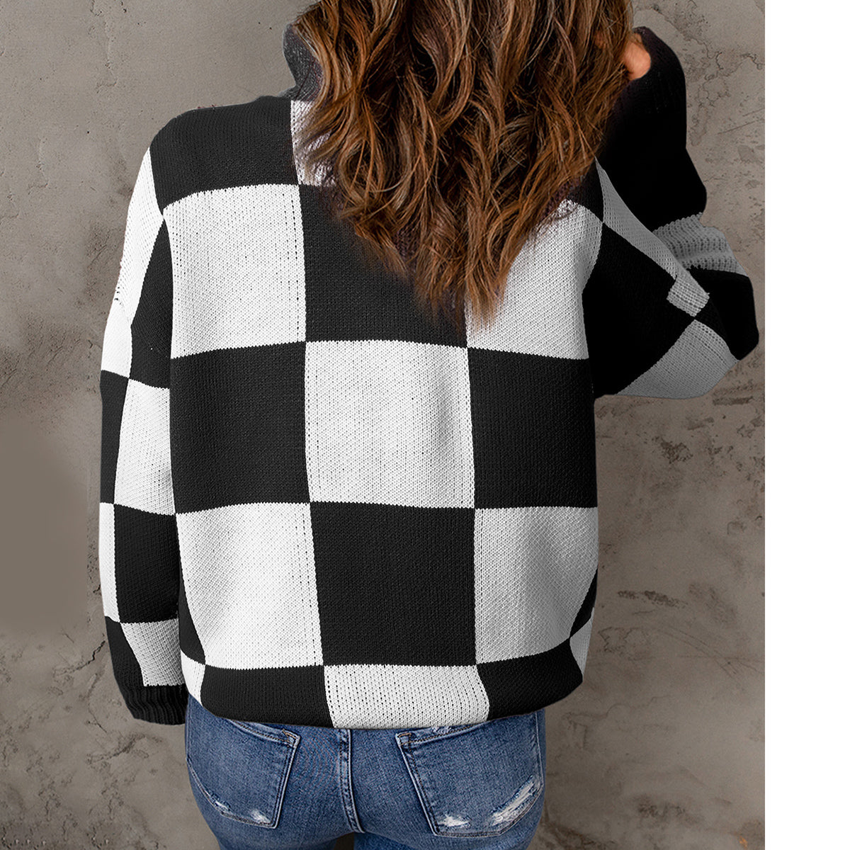 Checkered Half Zip Long Sleeve Sweater - Tantalize Boutique
