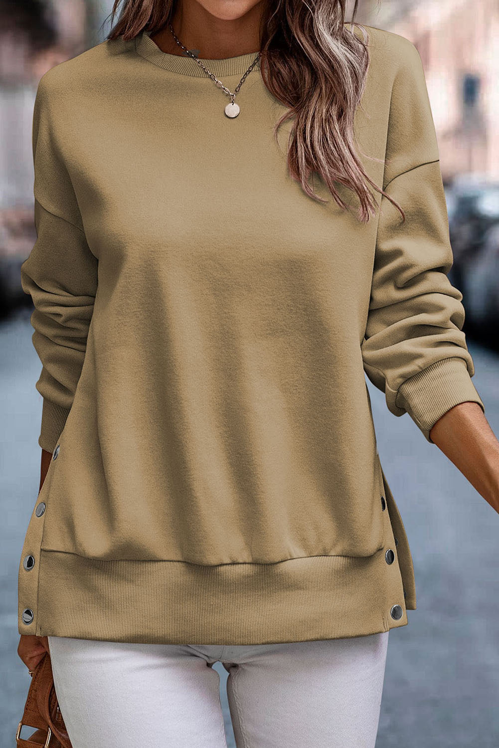 Snap Detail Round Neck Dropped Shoulder Sweatshirt - Tantalize Boutique
