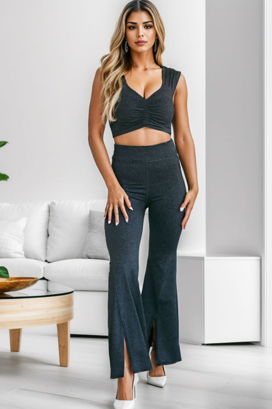 Ruched Cutout Tank and Slit Pants Set - Tantalize Boutique