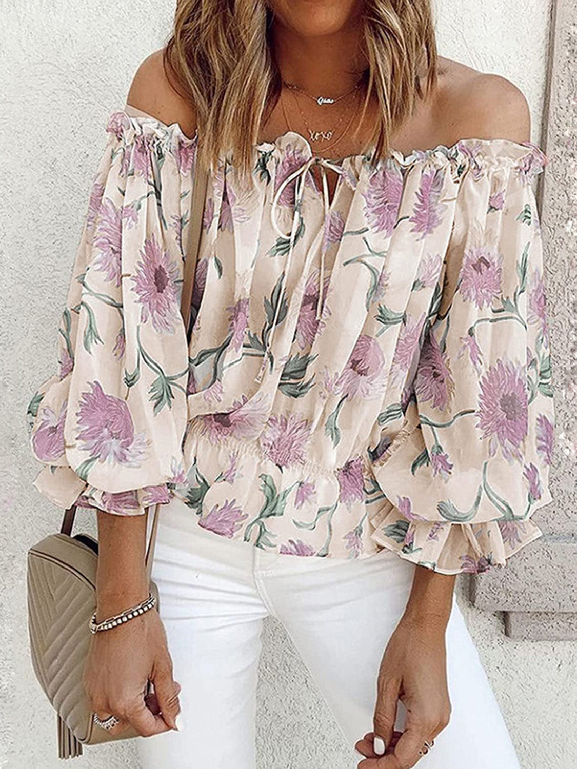 Floral Off-Shoulder Flounce Sleeve Blouse - Tantalize Boutique
