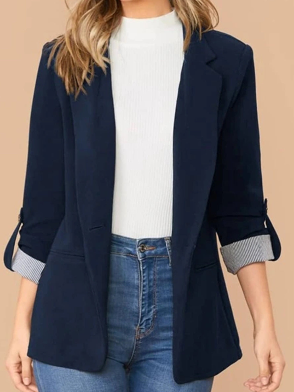 Lapel Collar Roll-Tab Sleeve Blazer - Tantalize Boutique
