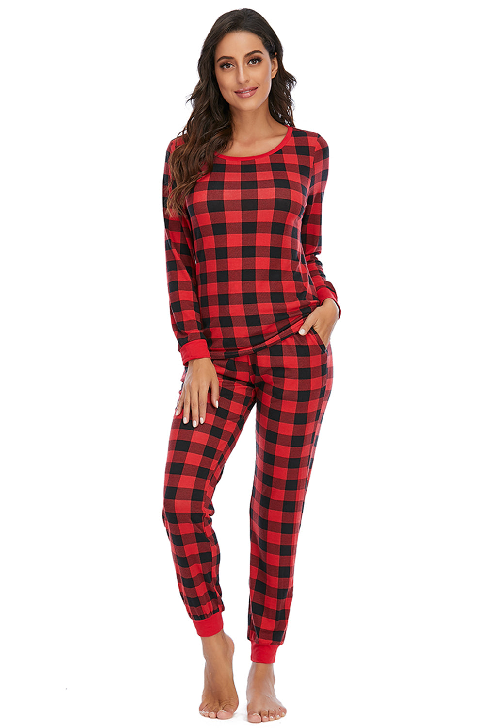 Plaid Round Neck Top and Pants Set - Tantalize Boutique