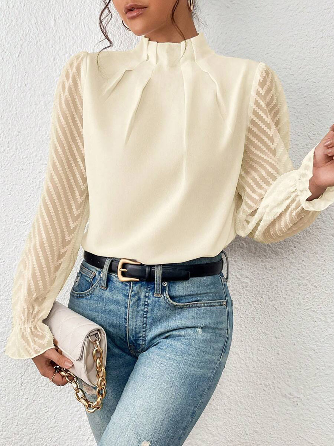 Mock Neck Flounce Sleeve Blouse - Tantalize Boutique