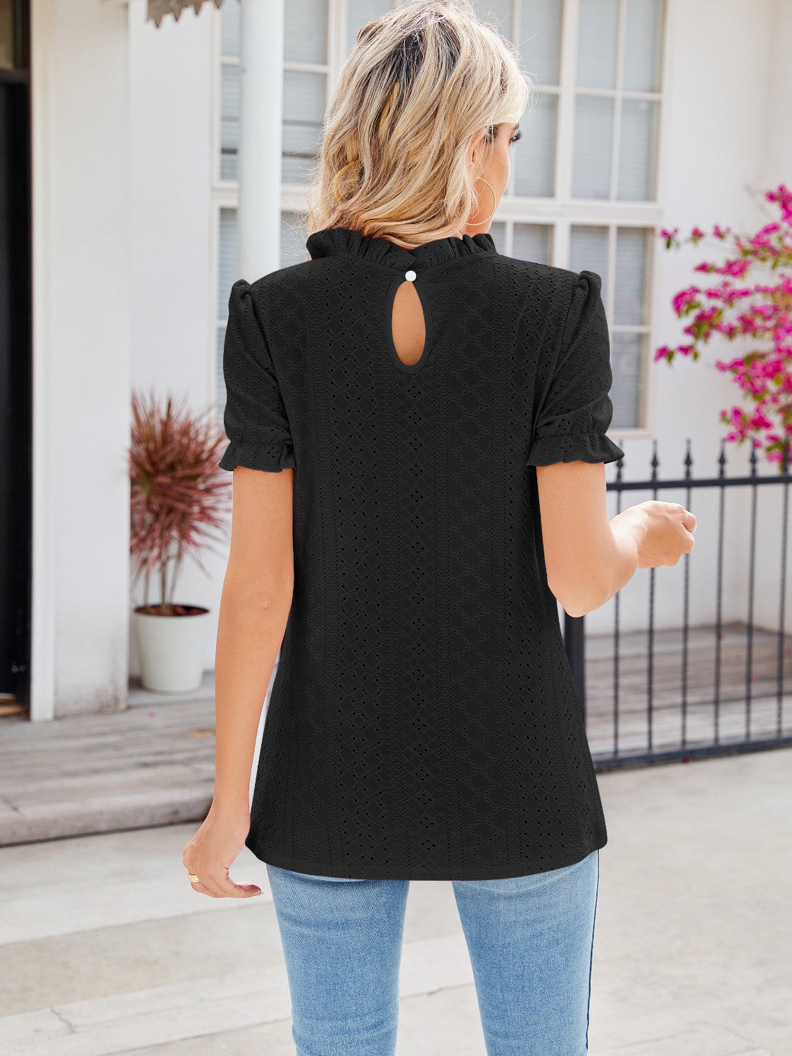 Eyelet Frill Mock Neck Flounce Sleeve Blouse - Tantalize Boutique