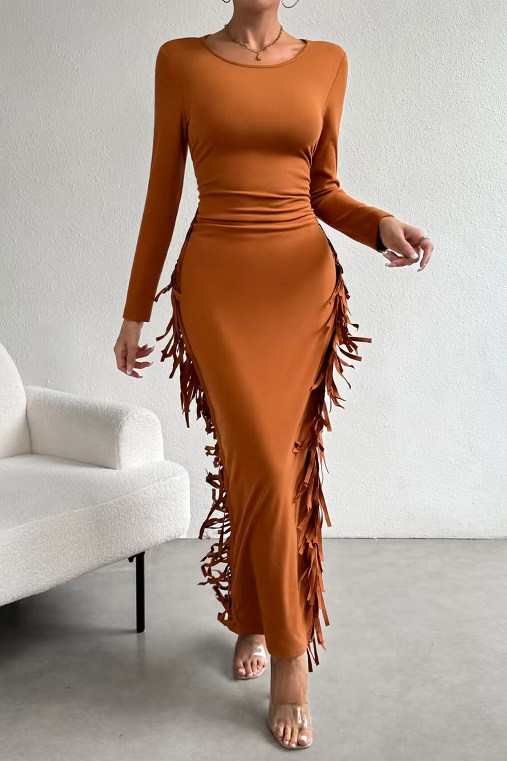Fringe Slit Round Neck Wrap Dress - Tantalize Boutique