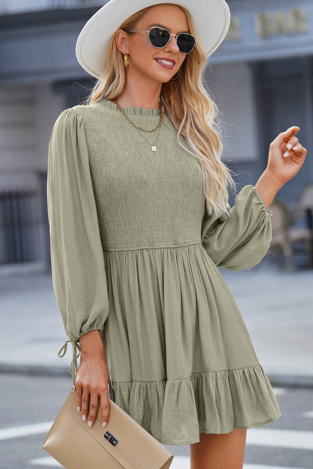 Smocked Tied Balloon Sleeve Mini Dress - Tantalize Boutique