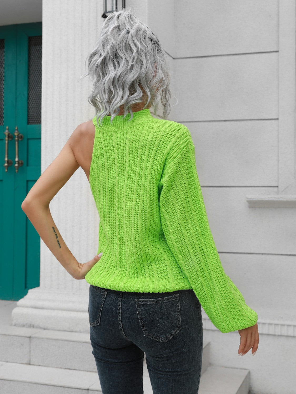 Cable-Knit Round Neck Asymmetrical Sweater - Tantalize Boutique