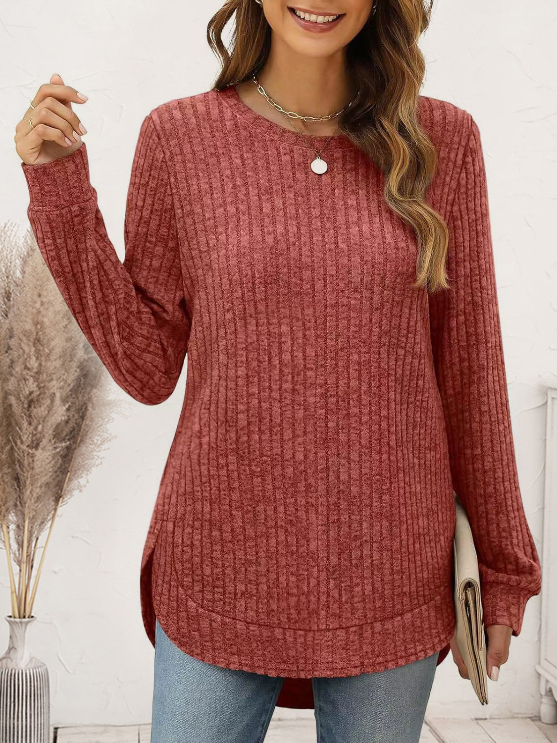 Ribbed Round Neck Long Sleeve T-Shirt - Tantalize Boutique