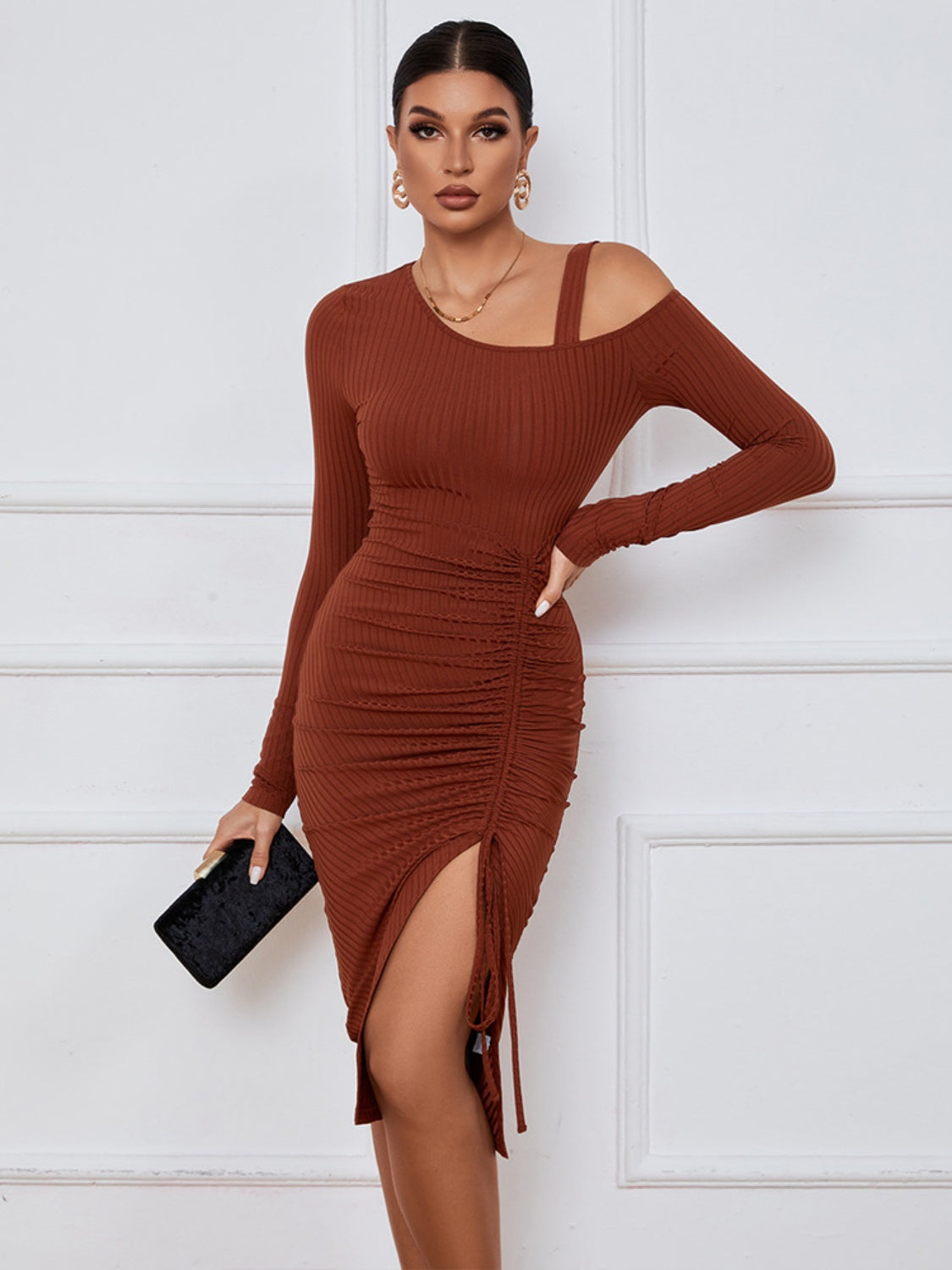 Ribbed Ruched Drawstring Wrap Dress - Tantalize Boutique