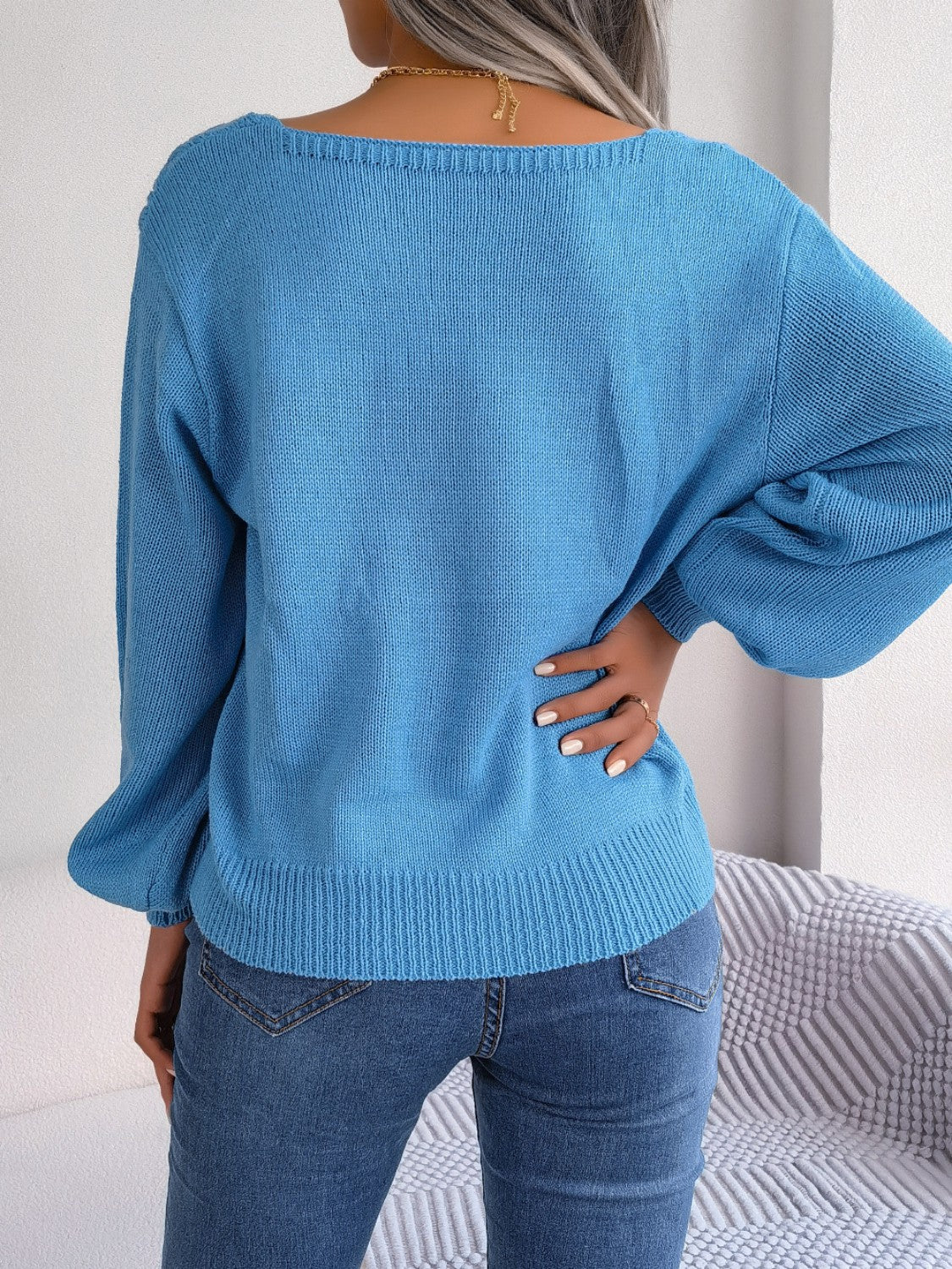 Cable-Knit Square Neck Long Sleeve Sweater - Tantalize Boutique